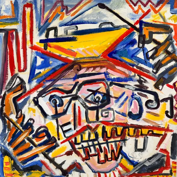 Queer The Pitch sleeve: an expressionist painting of a face in red, yellow, blue and black.